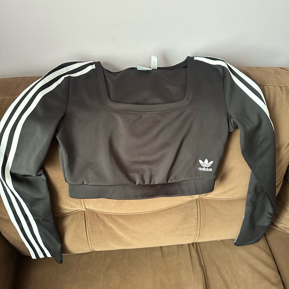 Adidas Black Crop Top with White Stripes